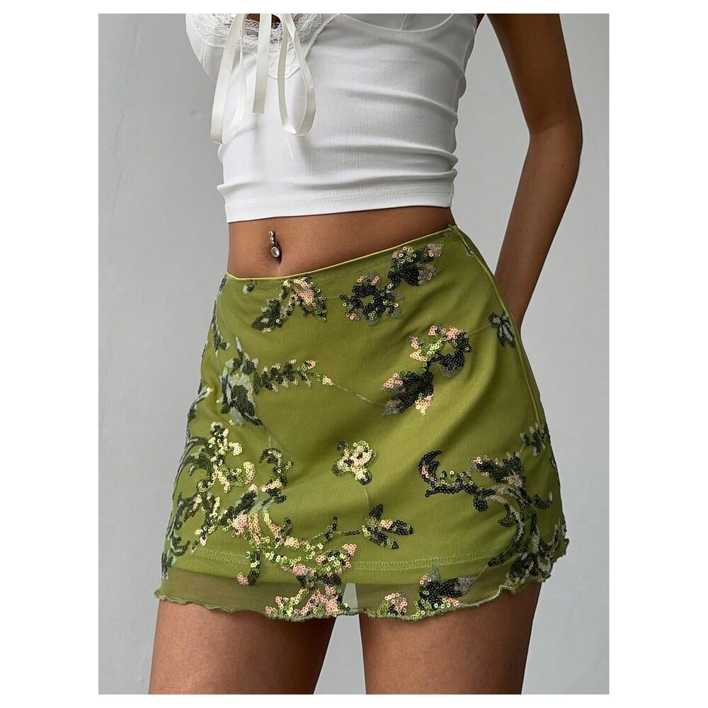 3632 Sequin Skirt Summer Floral Mesh Glitter Sparkly Mini Skirt Green Large - Picture 5 of 6